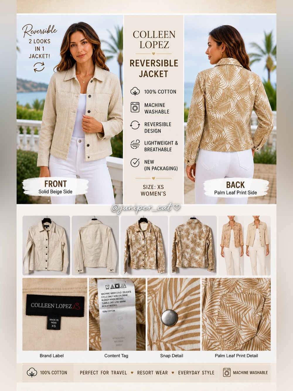 Colleen Lopez Reversible Palm Leaf Jacket XS Tan Cotton Snap Front Tropical NEW!